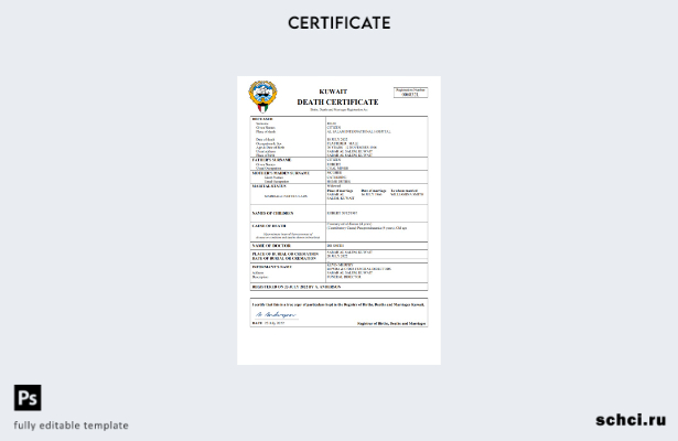 цифровая загрузка свидетельства о смерти Кувейта, шаблон Word и PDF
